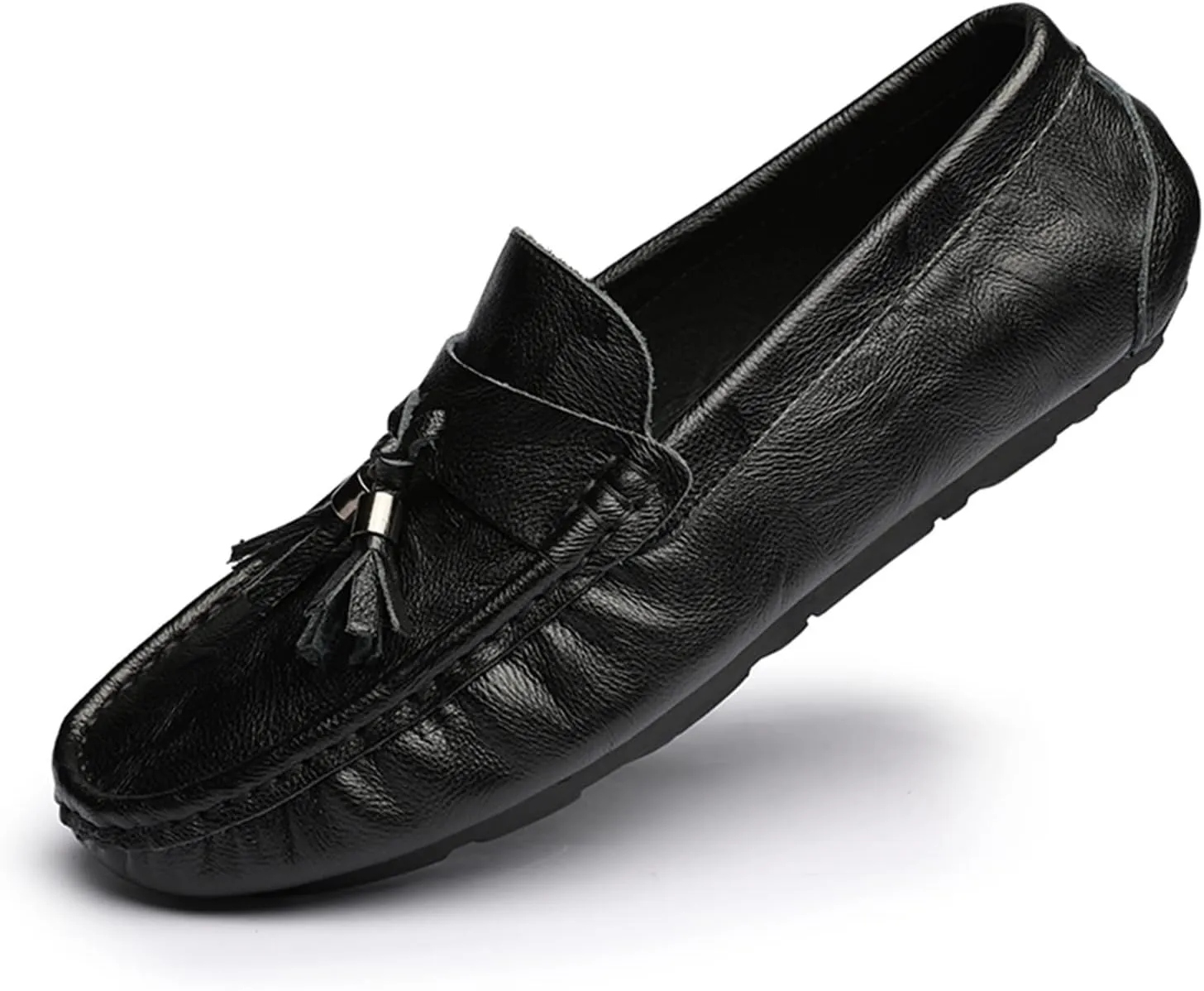Mens Loafers Shoe Genuine Leather Tassel Stitching Details Round Toe Flexible Comfortable Anti-Slip Casual Slip On