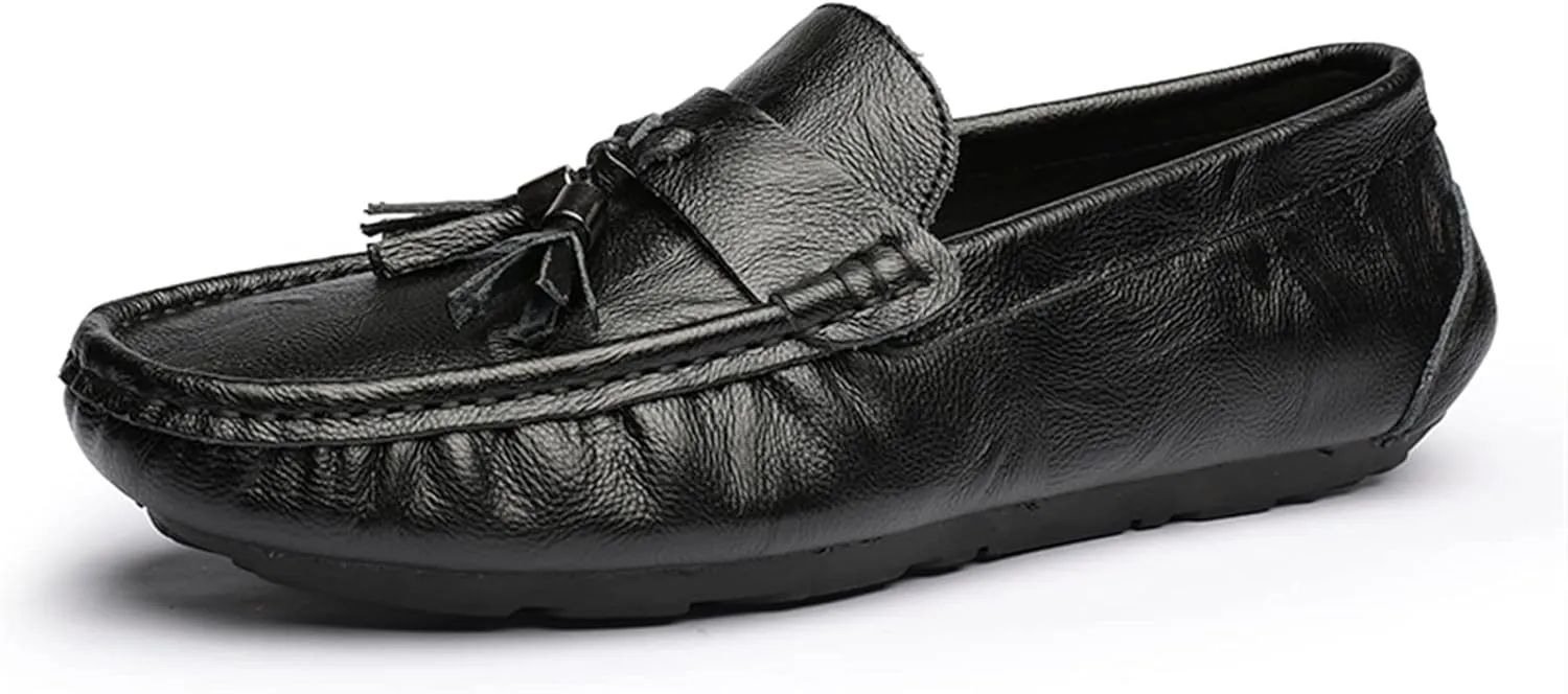 Mens Loafers Shoe Genuine Leather Tassel Stitching Details Round Toe Flexible Comfortable Anti-Slip Casual Slip On
