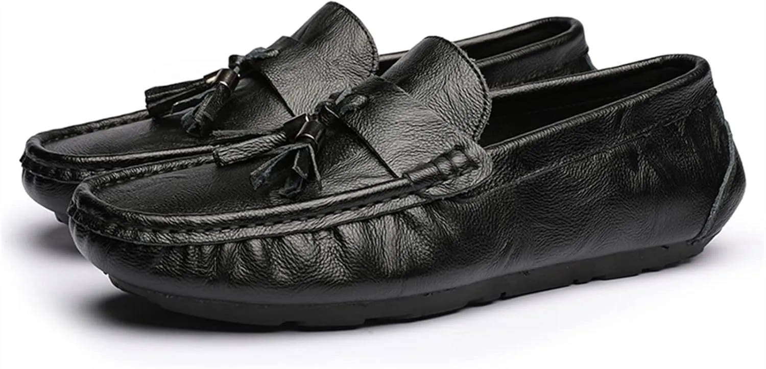 Mens Loafers Shoe Genuine Leather Tassel Stitching Details Round Toe Flexible Comfortable Anti-Slip Casual Slip On