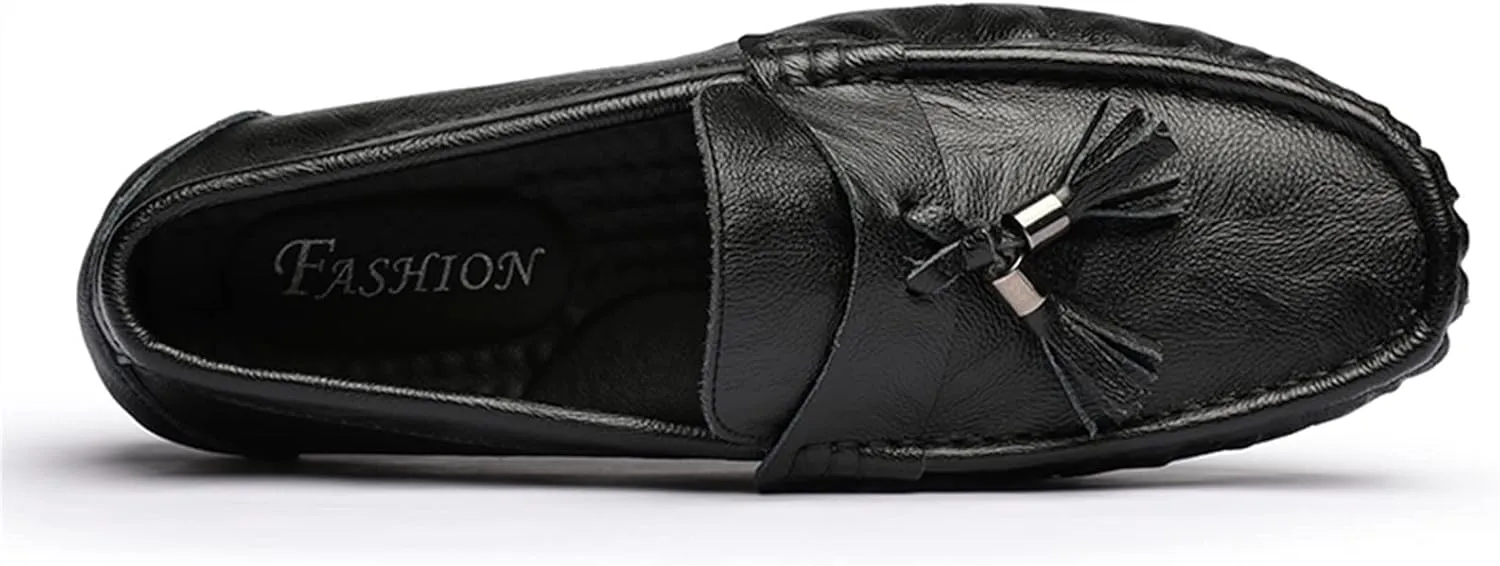 Mens Loafers Shoe Genuine Leather Tassel Stitching Details Round Toe Flexible Comfortable Anti-Slip Casual Slip On