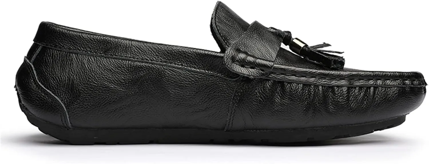 Mens Loafers Shoe Genuine Leather Tassel Stitching Details Round Toe Flexible Comfortable Anti-Slip Casual Slip On