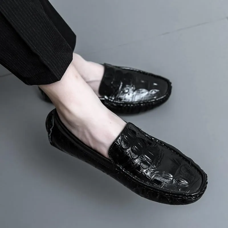 Mens Loafers Shoe Leather Crocodile Print Driving Loafers Anti-Slip Comfortable Flexible Walking Party Slip-ons