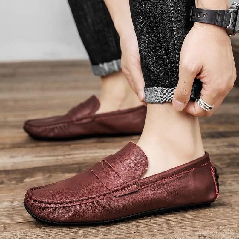 Mens Loafers Shoe Solid Color Leather Penny Driving Loafers Flat Heel Lightweight Flexible Outdoor Prom Slip On