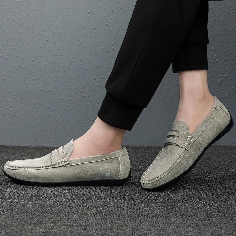 Men's Loafers Shoes Round Toe Suede Vamp Penny Loafers Flexible Flat Heel Resistant Fashion Outdoor Slip On
