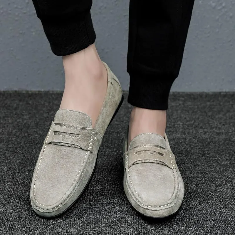 Men's Loafers Shoes Round Toe Suede Vamp Penny Loafers Flexible Flat Heel Resistant Fashion Outdoor Slip On