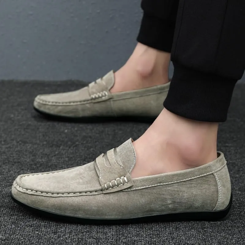 Men's Loafers Shoes Round Toe Suede Vamp Penny Loafers Flexible Flat Heel Resistant Fashion Outdoor Slip On