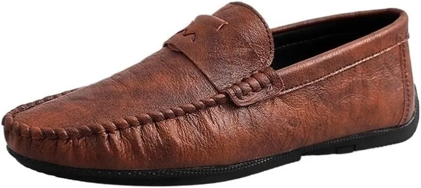 Mens Loafers Vegan Leather Round Toe Comfortable Flexible Anti Walking Shoes Party Casual Solid Color Slip On