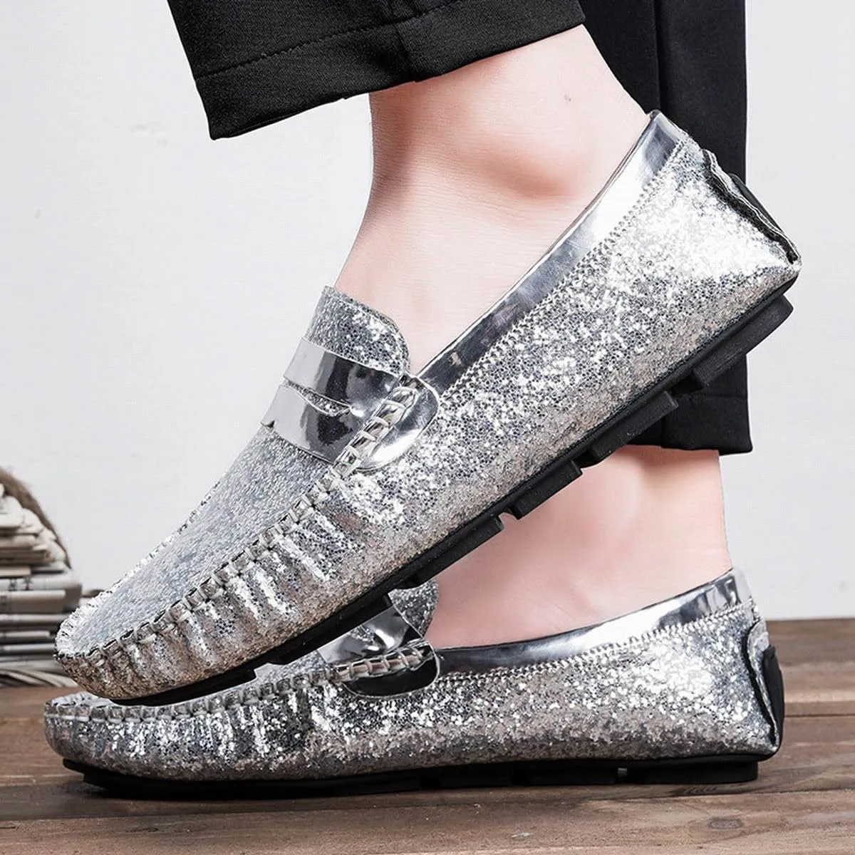 Mens Loafers Vegan Leather Shiny Penny Driving Loafers Flat Heel Comfortable Flexible Outdoor Slip-ons