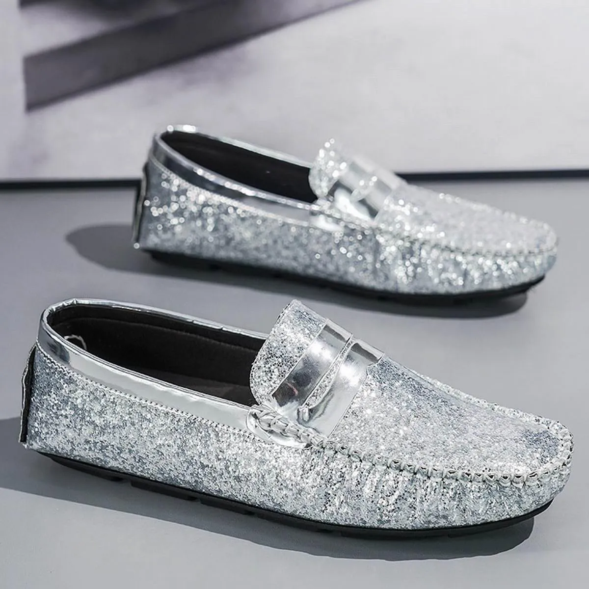Mens Loafers Vegan Leather Shiny Penny Driving Loafers Flat Heel Comfortable Flexible Outdoor Slip-ons