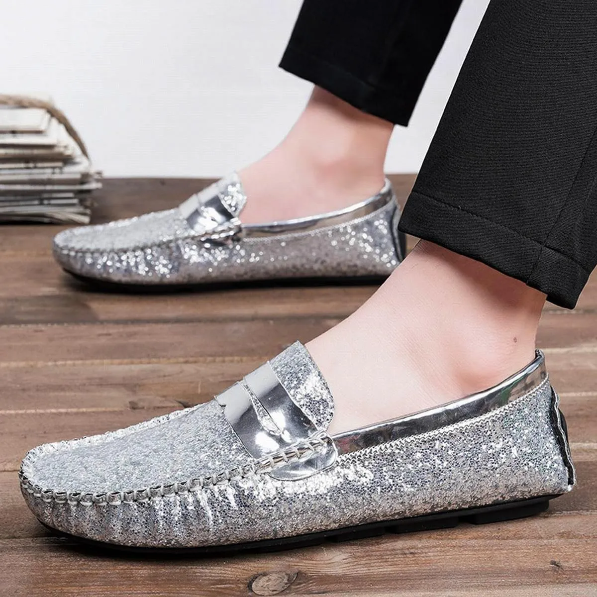 Mens Loafers Vegan Leather Shiny Penny Driving Loafers Flat Heel Comfortable Flexible Outdoor Slip-ons