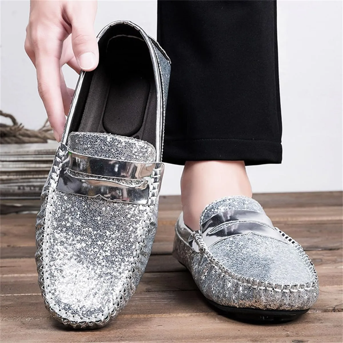 Mens Loafers Vegan Leather Shiny Penny Driving Loafers Flat Heel Comfortable Flexible Outdoor Slip-ons