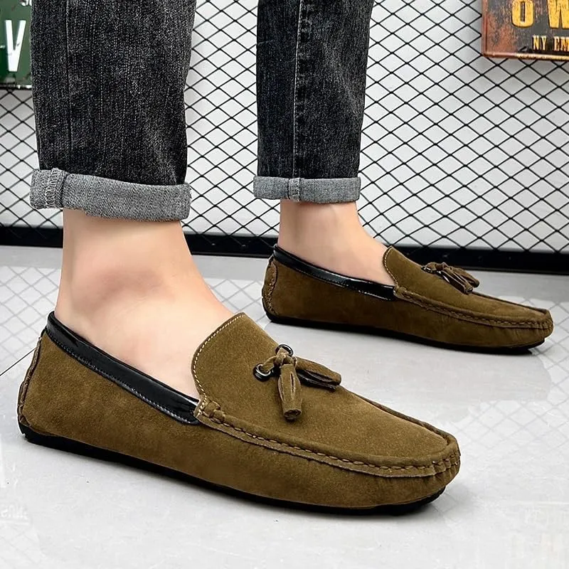 Men's Round Toe Vegan Suede Loafers with Tassel - Slip-Resistant, Flexible Flat Heel Driving Shoes for Prom, Wedding, and Casual Wear