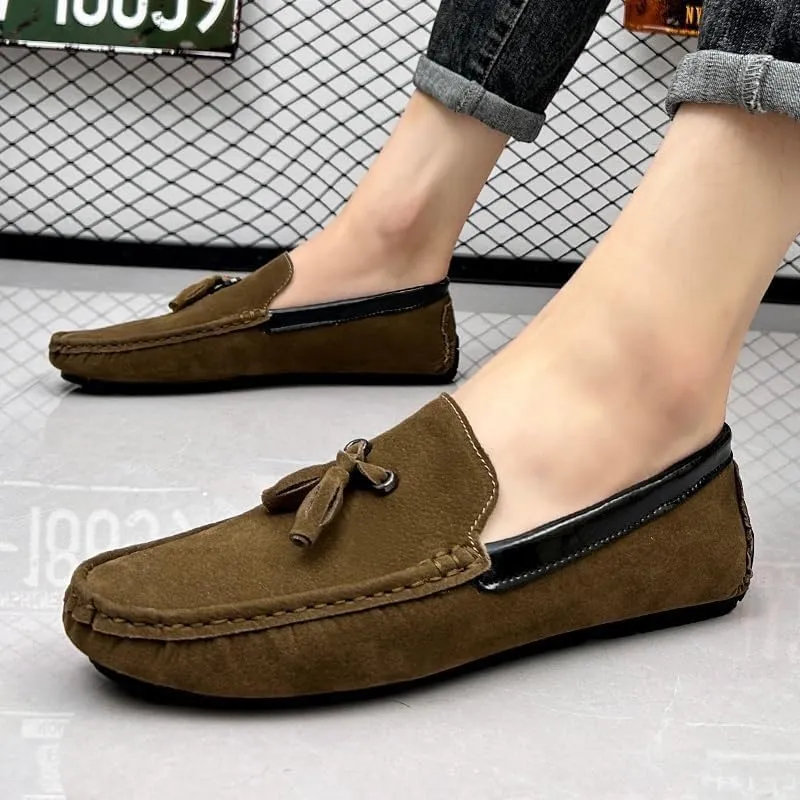 Men's Round Toe Vegan Suede Loafers with Tassel - Slip-Resistant, Flexible Flat Heel Driving Shoes for Prom, Wedding, and Casual Wear