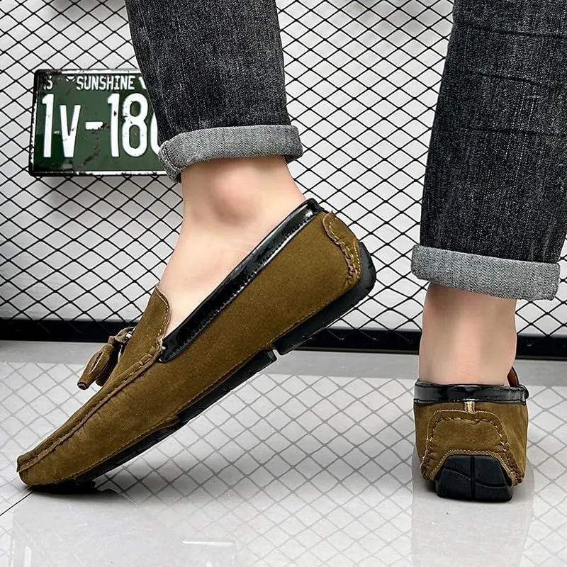 Men's Round Toe Vegan Suede Loafers with Tassel - Slip-Resistant, Flexible Flat Heel Driving Shoes for Prom, Wedding, and Casual Wear