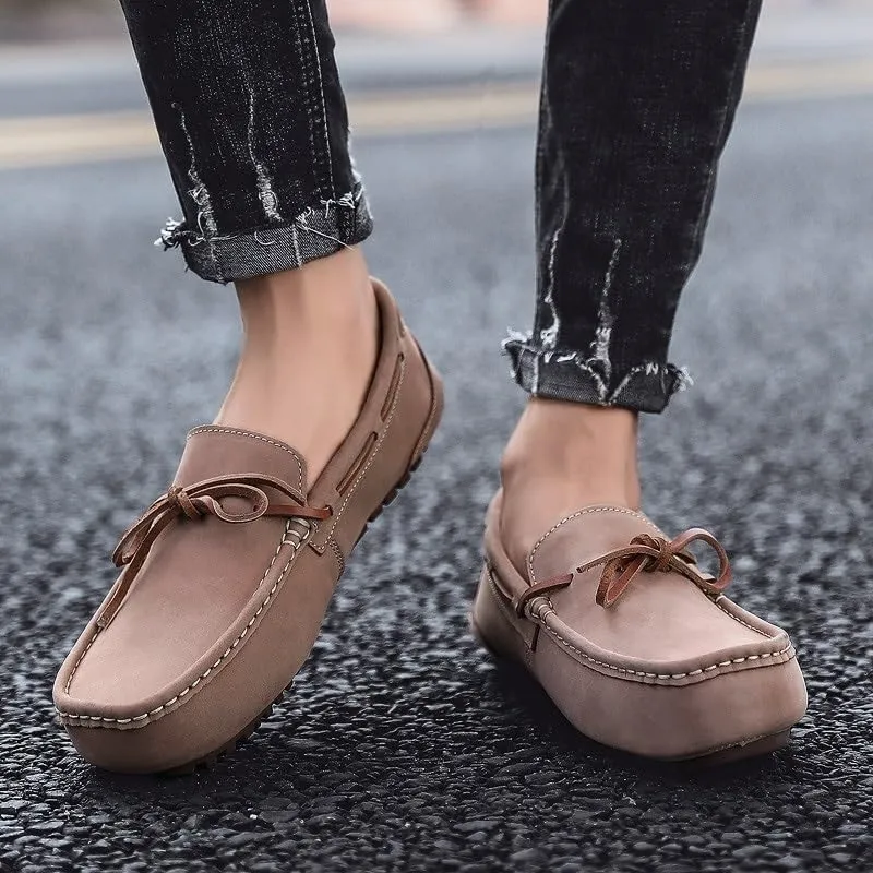 Men's Suede Nubuck Leather Loafers - Round Toe Boat Driving Shoes, Comfortable & Flexible Lightweight Slip-on for Parties