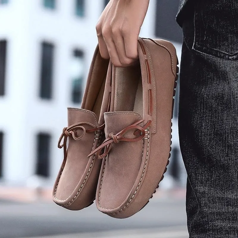 Men's Suede Nubuck Leather Loafers - Round Toe Boat Driving Shoes, Comfortable & Flexible Lightweight Slip-on for Parties