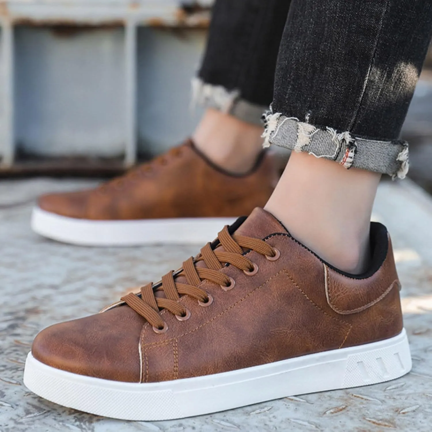 Mens Tennis Shoes Men's Fashionable Low Top Trendy White Shoes with Toe Lace Up Popular Comfortable Casual