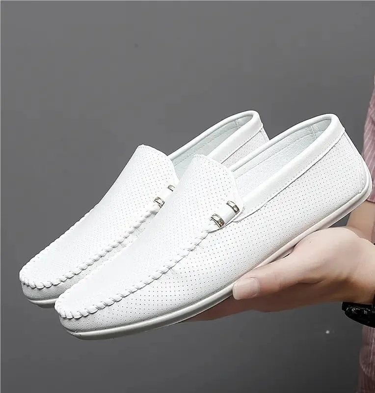 Men's Vegan Leather Loafers, Breathable Hollow Out Driving Shoes, Round Toe Lightweight Anti-Slip Comfortable Slip-Ons for Fashion Walking