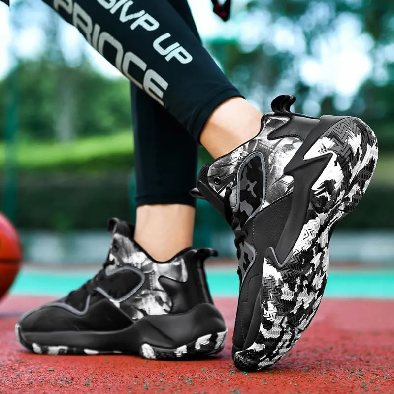 Mid-to-High Top Basketball Shoes for Men Non Slip Outdoor Cushioning Training Sport Shoes Fashion Graffiti Athletic Sneakers Plus Size