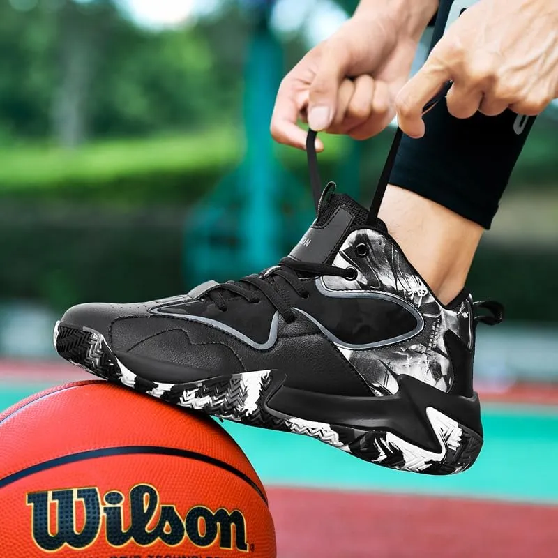 Mid-to-High Top Basketball Shoes for Men Non Slip Outdoor Cushioning Training Sport Shoes Fashion Graffiti Athletic Sneakers Plus Size