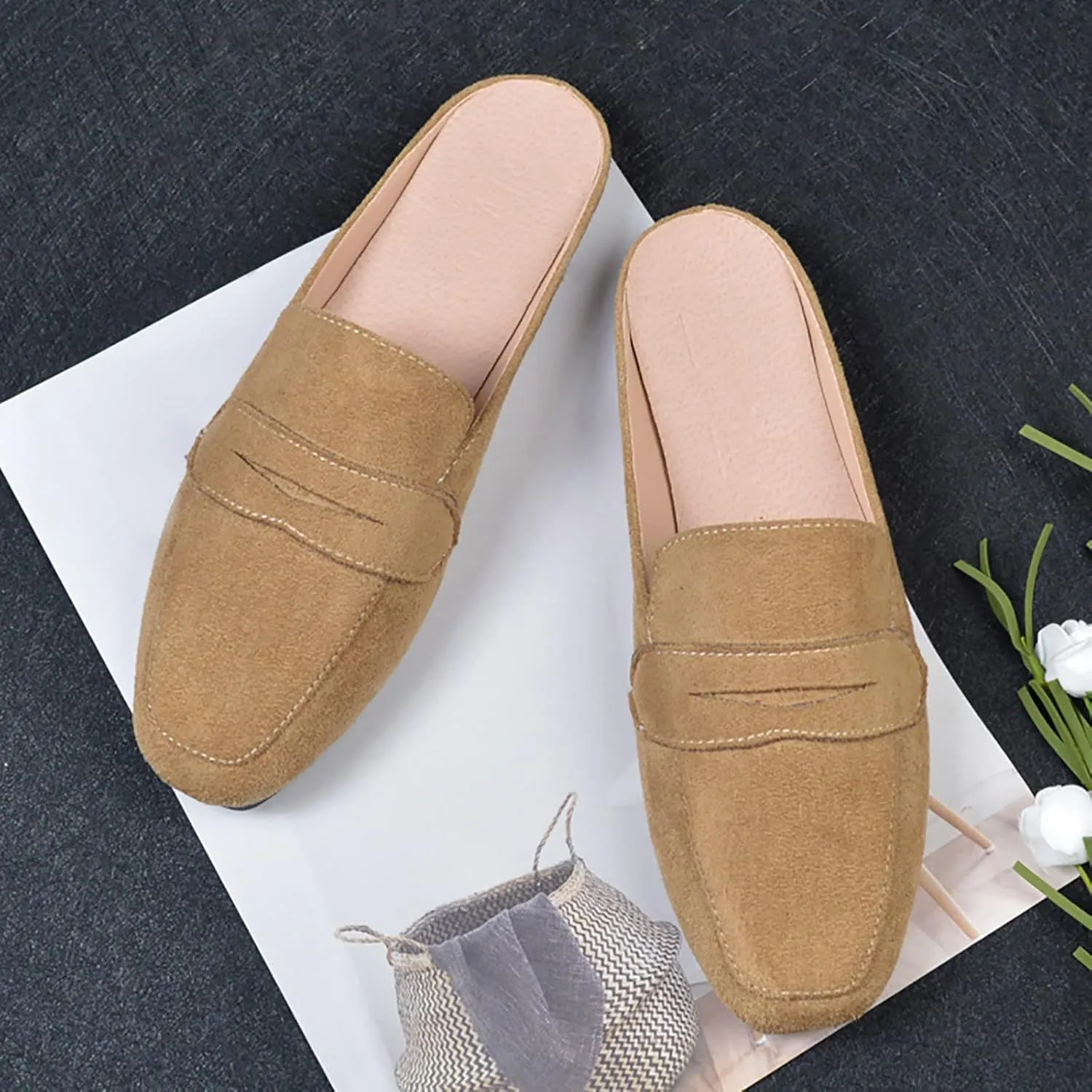 Mules for Woman Buckle Flats Comfortable Slip on Women Mules Flats Shoes Backless Loafers