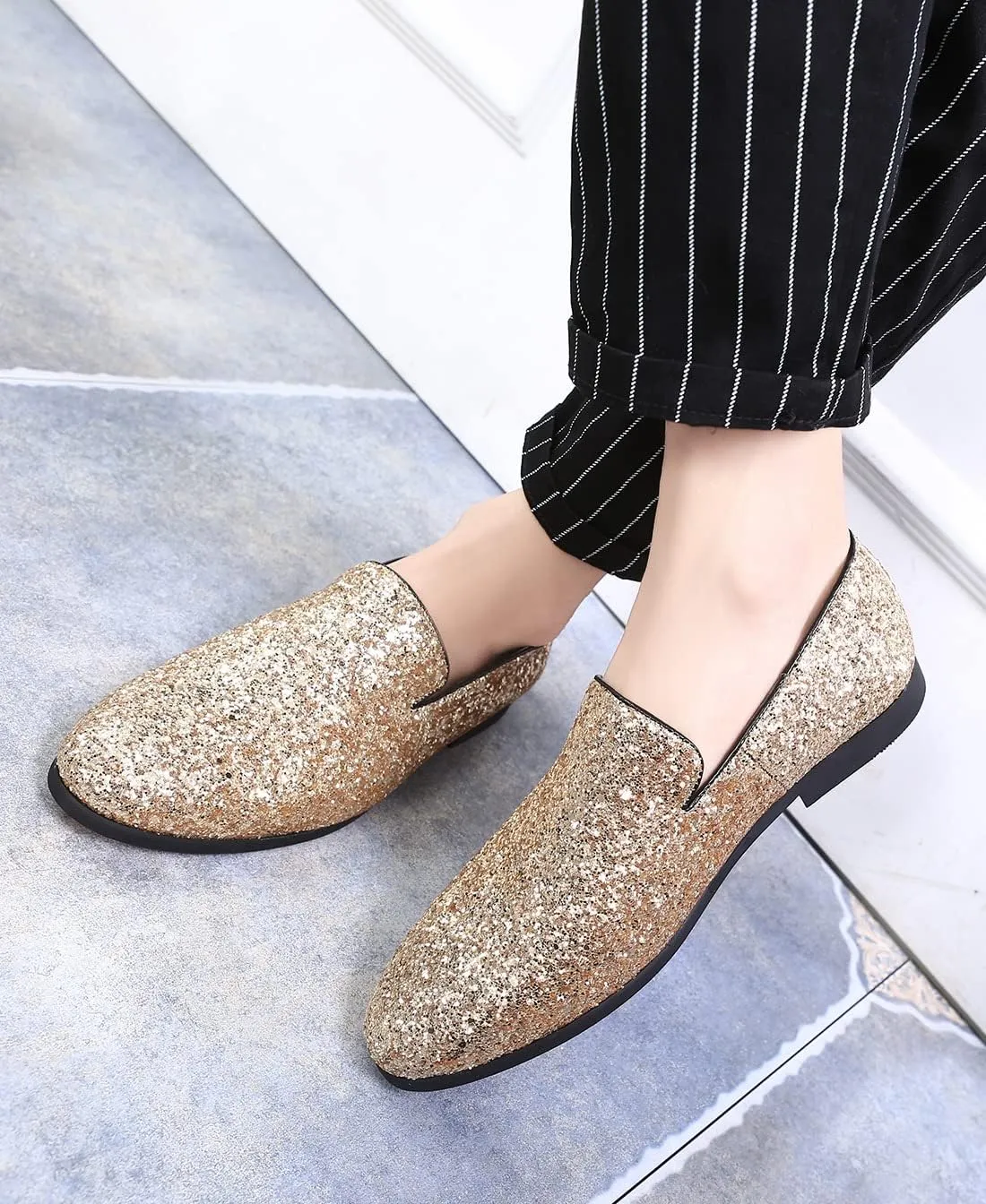 Santimon Mens Glitter Loafers Slip-On Dress Shoes  Sparkly Tuxedo & Suit Shoes for Weddings, Parties, and Formal Events