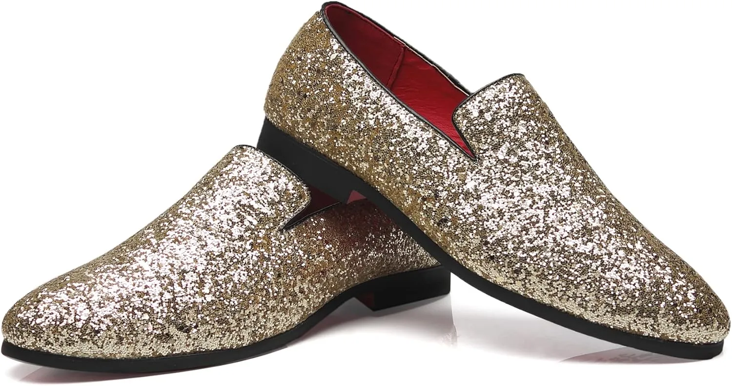 Santimon Mens Glitter Loafers Slip-On Dress Shoes  Sparkly Tuxedo & Suit Shoes for Weddings, Parties, and Formal Events