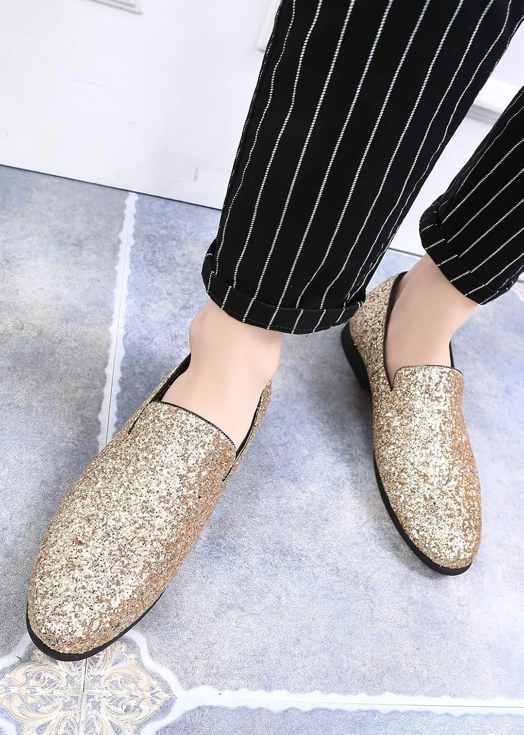 Santimon Mens Glitter Loafers Slip-On Dress Shoes  Sparkly Tuxedo & Suit Shoes for Weddings, Parties, and Formal Events