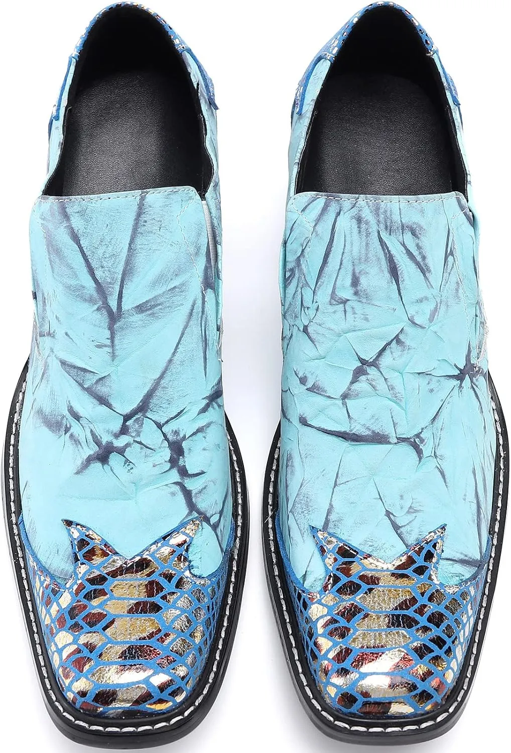 Santimon Mens Loafers Casual Dress Slip On Genuine Leather Mocassins Metal Square Toe Heel Penny Loafers Wedding Party Disco Singer Cowboy Western Ballroom Prom Shoes