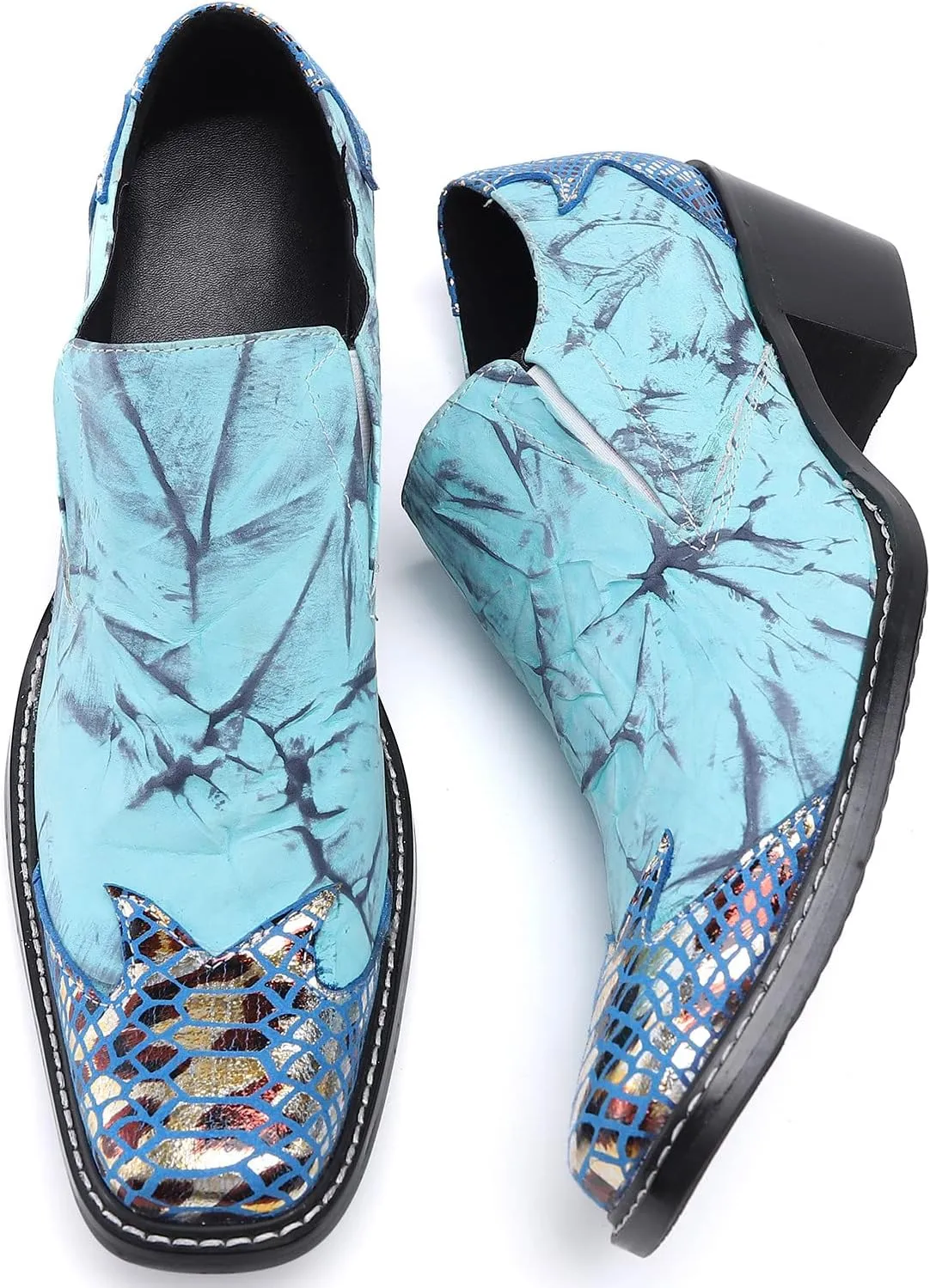 Santimon Mens Loafers Casual Dress Slip On Genuine Leather Mocassins Metal Square Toe Heel Penny Loafers Wedding Party Disco Singer Cowboy Western Ballroom Prom Shoes