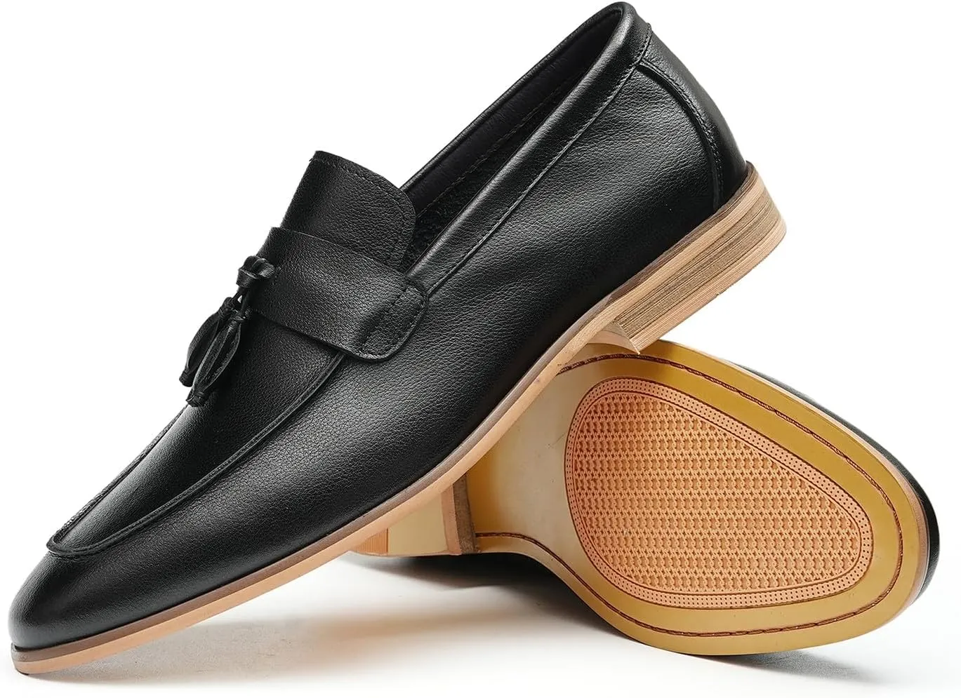 Santimon Men’s Tassel Loafers Genuine Leather Slip-On Shoes Breathable Black & Light Gray Business Formal Dress & Prom Dress Shoes