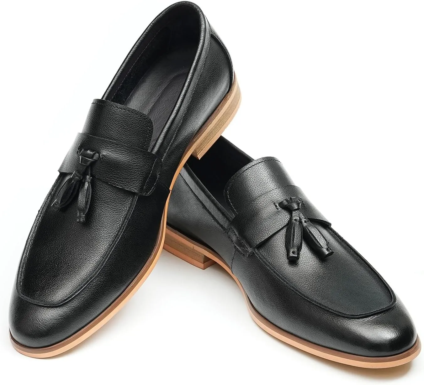Santimon Men’s Tassel Loafers Genuine Leather Slip-On Shoes Breathable Black & Light Gray Business Formal Dress & Prom Dress Shoes
