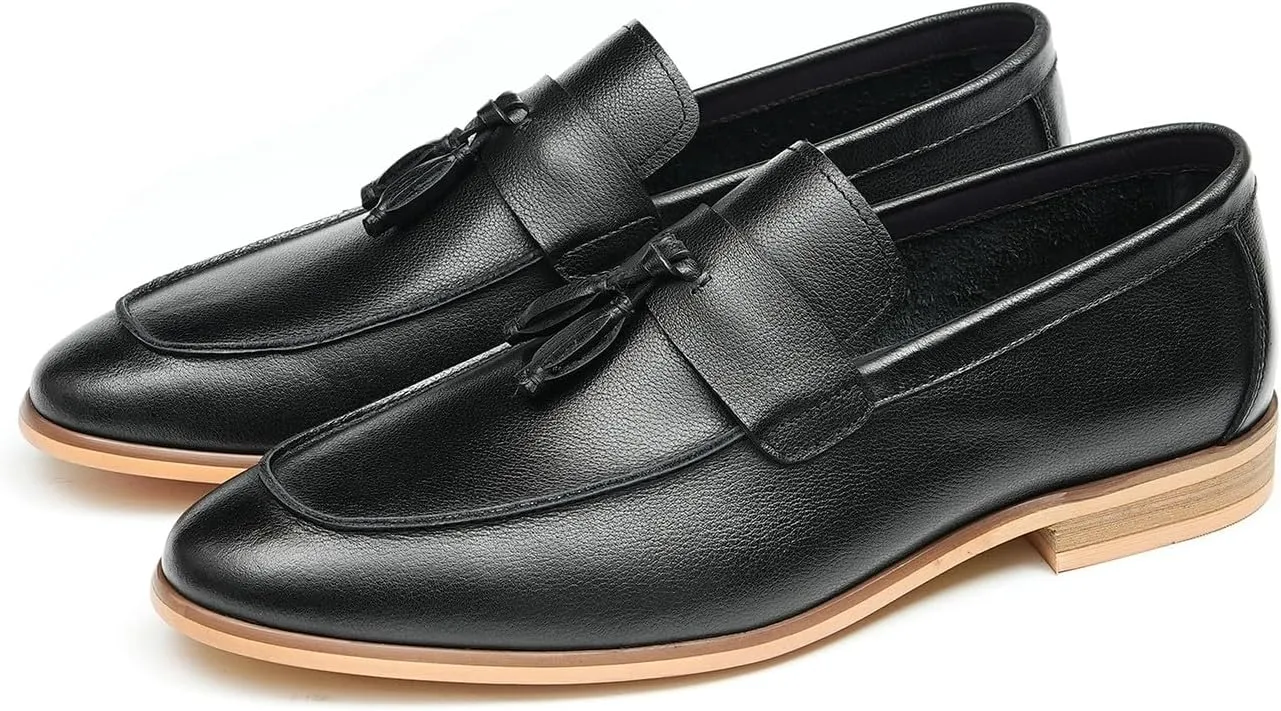 Santimon Men’s Tassel Loafers Genuine Leather Slip-On Shoes Breathable Black & Light Gray Business Formal Dress & Prom Dress Shoes