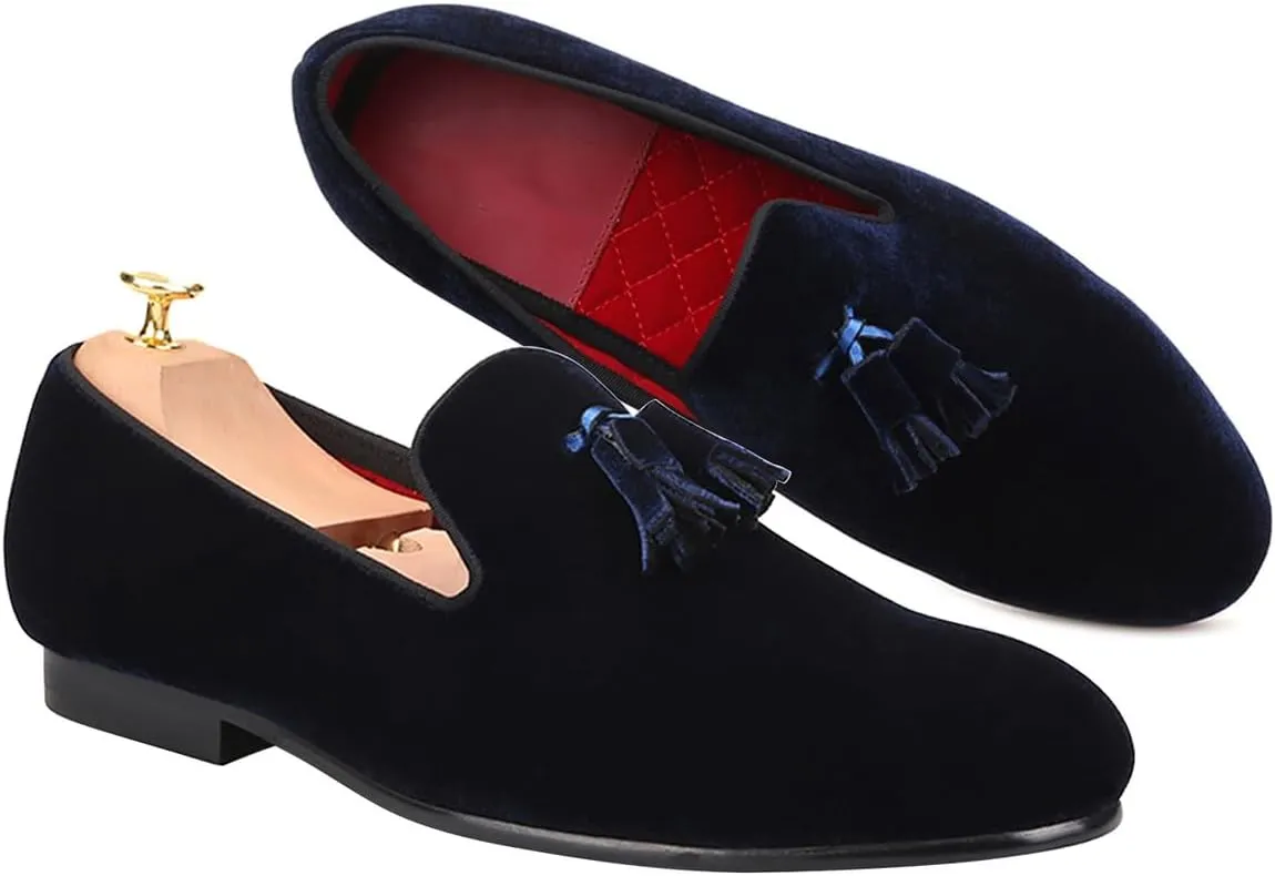 Santimon Mens Tassel Loafers Slip On Wedding Dress Velvet Penny Loafers Fashion Tuxedo Formal Business Casual Luxury Prom Shoes Smoking Party Disco Slippers Suede Moccasins for Men