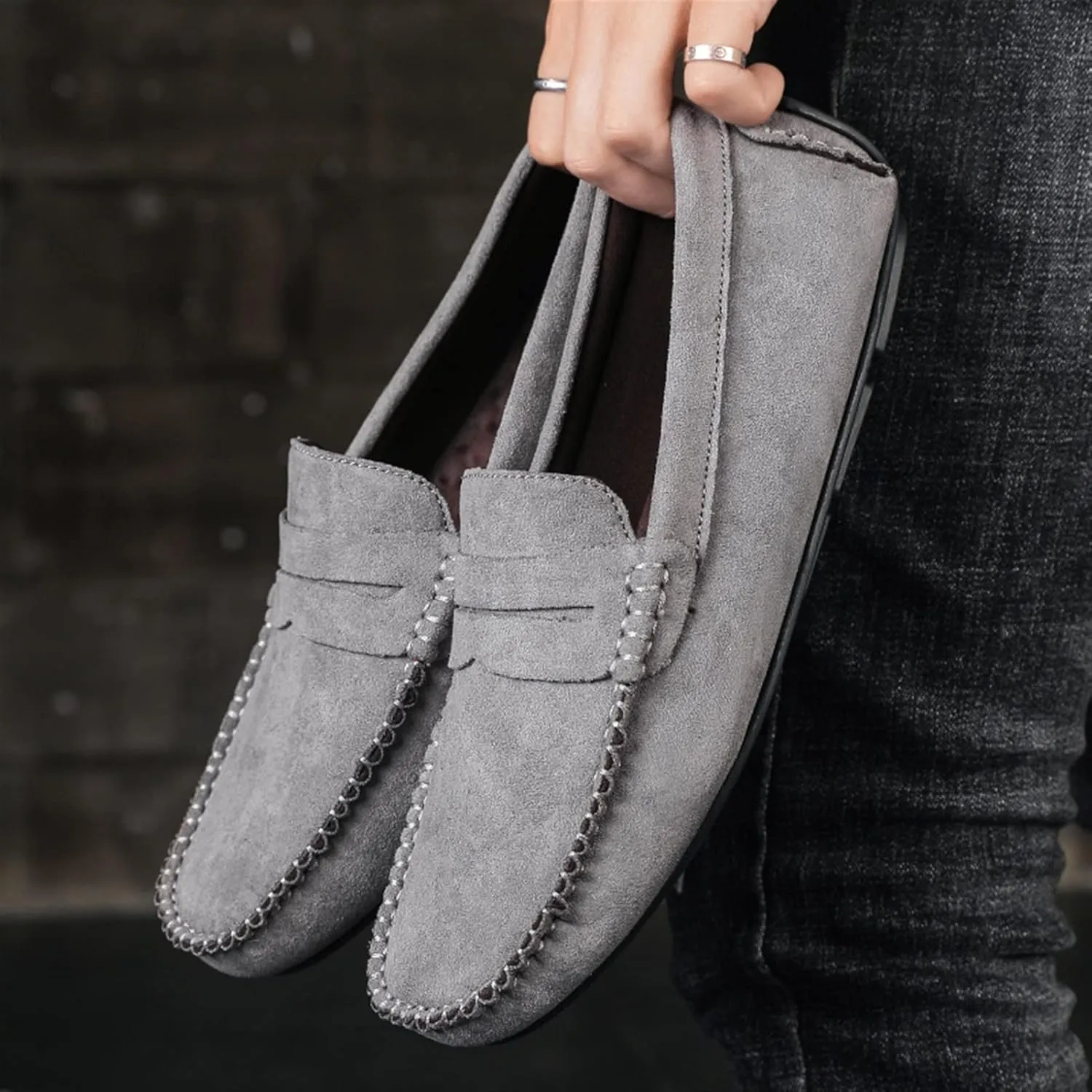 Smoking Loafer for Men Genuine Leather Round Toe Suede Vamp Penny Loafer Resistant Lightweight Anti-Slip Flat Heel Flexible Outdoor Slip On