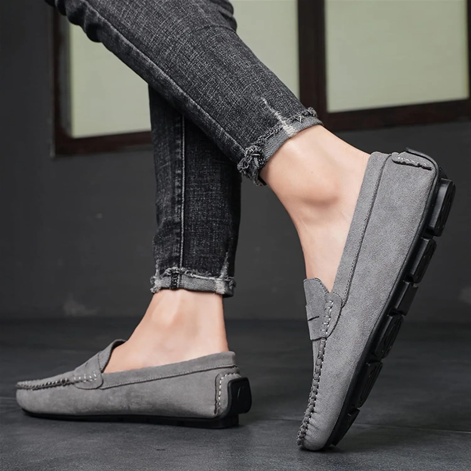 Smoking Loafer for Men Genuine Leather Round Toe Suede Vamp Penny Loafer Resistant Lightweight Anti-Slip Flat Heel Flexible Outdoor Slip On
