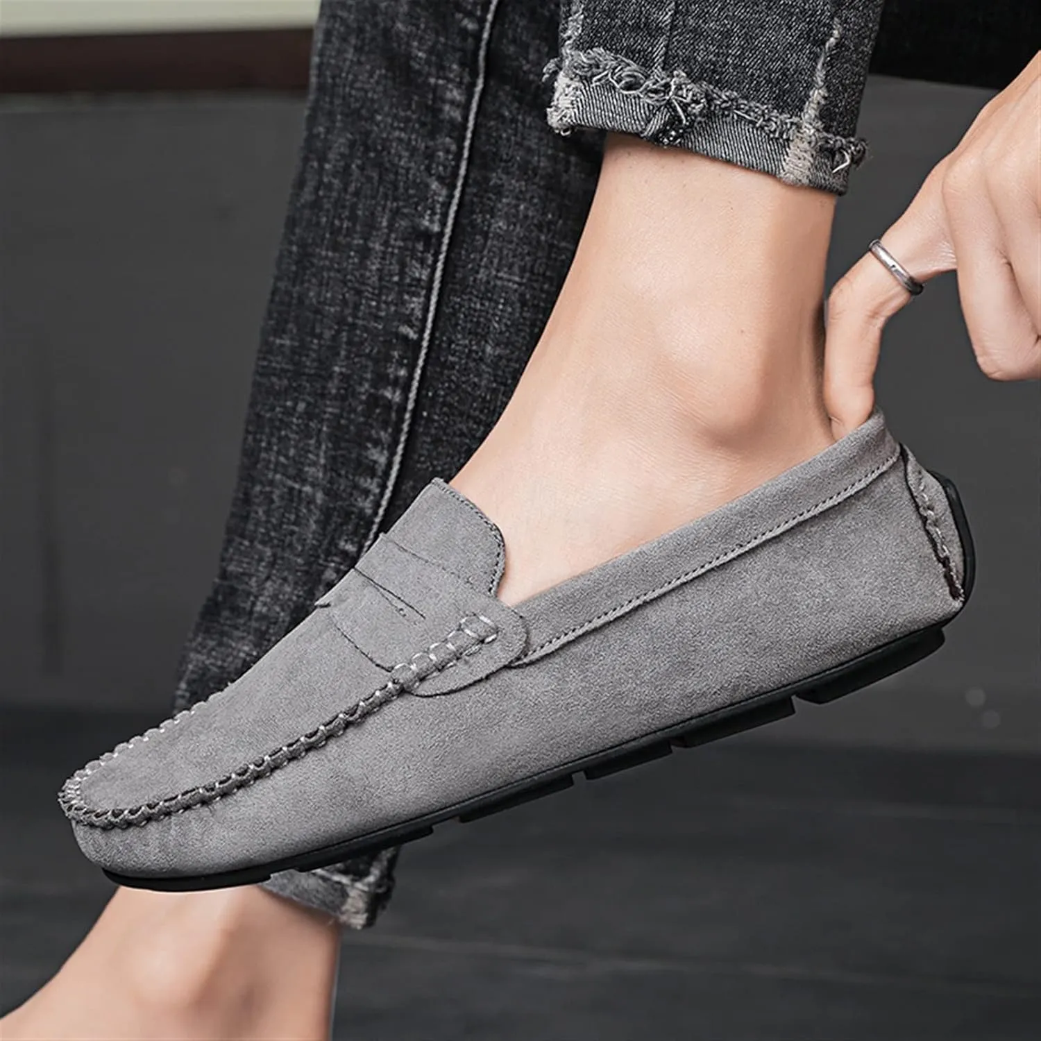 Smoking Loafer for Men Genuine Leather Round Toe Suede Vamp Penny Loafer Resistant Lightweight Anti-Slip Flat Heel Flexible Outdoor Slip On