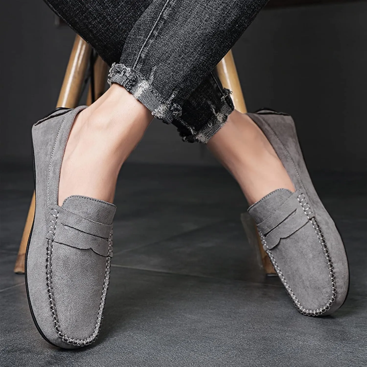 Smoking Loafer for Men Genuine Leather Round Toe Suede Vamp Penny Loafer Resistant Lightweight Anti-Slip Flat Heel Flexible Outdoor Slip On