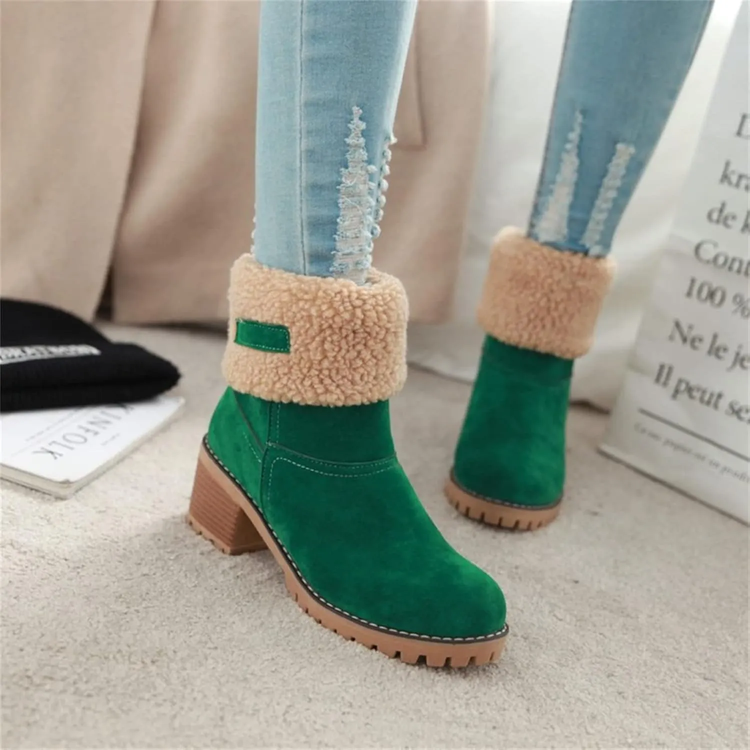 Winter Boots For Women 2024 Snow Boots Mid Calf Anti-slip Outdoor Comfortable Warm Fur Lined Slip On Short Booties