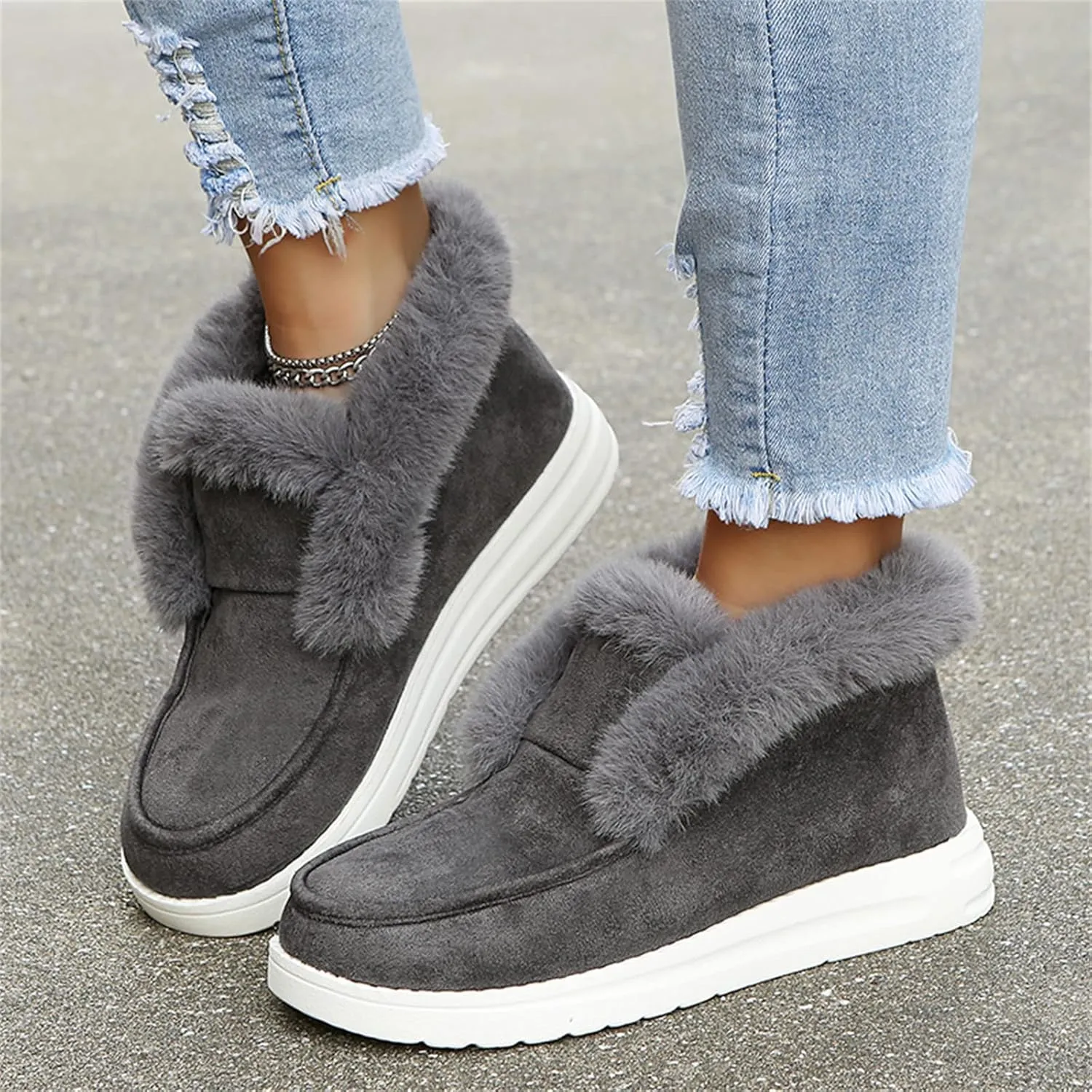 Winter Fashion Boots For Women 2024 Snow Boots Warm Ankle Booties Comfortable Slip On Outdoor Fur Lined Loafers Shoes