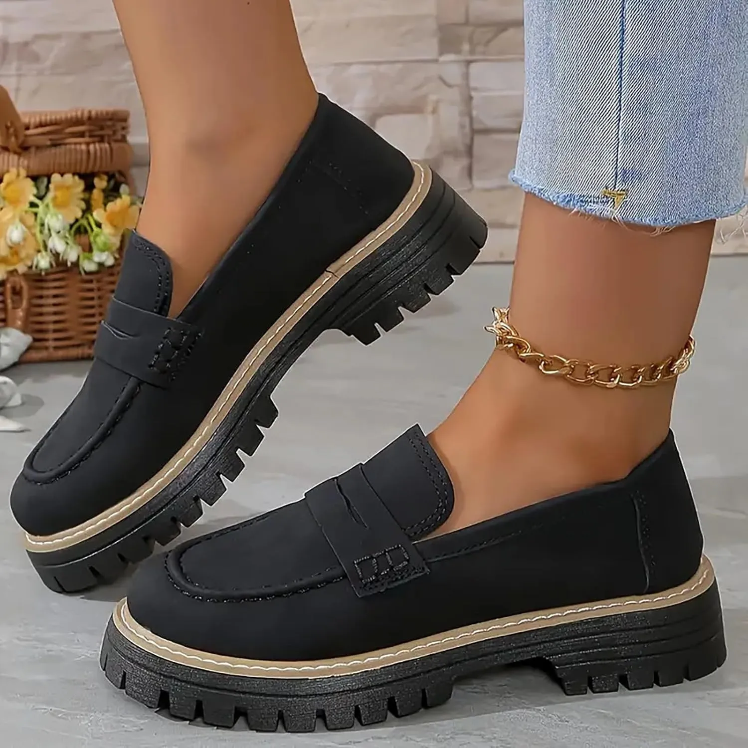 Women Loafers Shoes Comfortable Dress Shoes Platform Leather Shoes Chunky Penny Loafers Wide Oxford Loafers Work Shoe