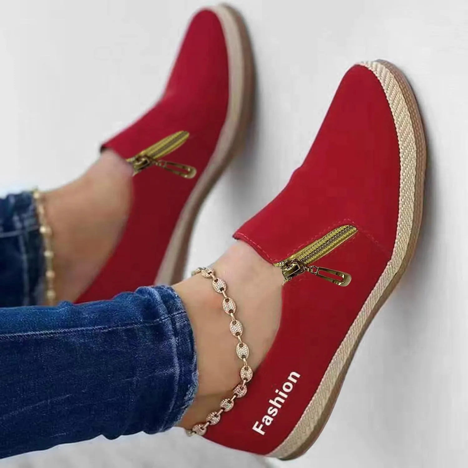 Women's Loafers Casual Shoes Ladies Fashion Solid Color Round Toe Shallow Mouth Side Zipper Flat Casual Shoes Espadrilles Workout Gym Outdoor Shoes