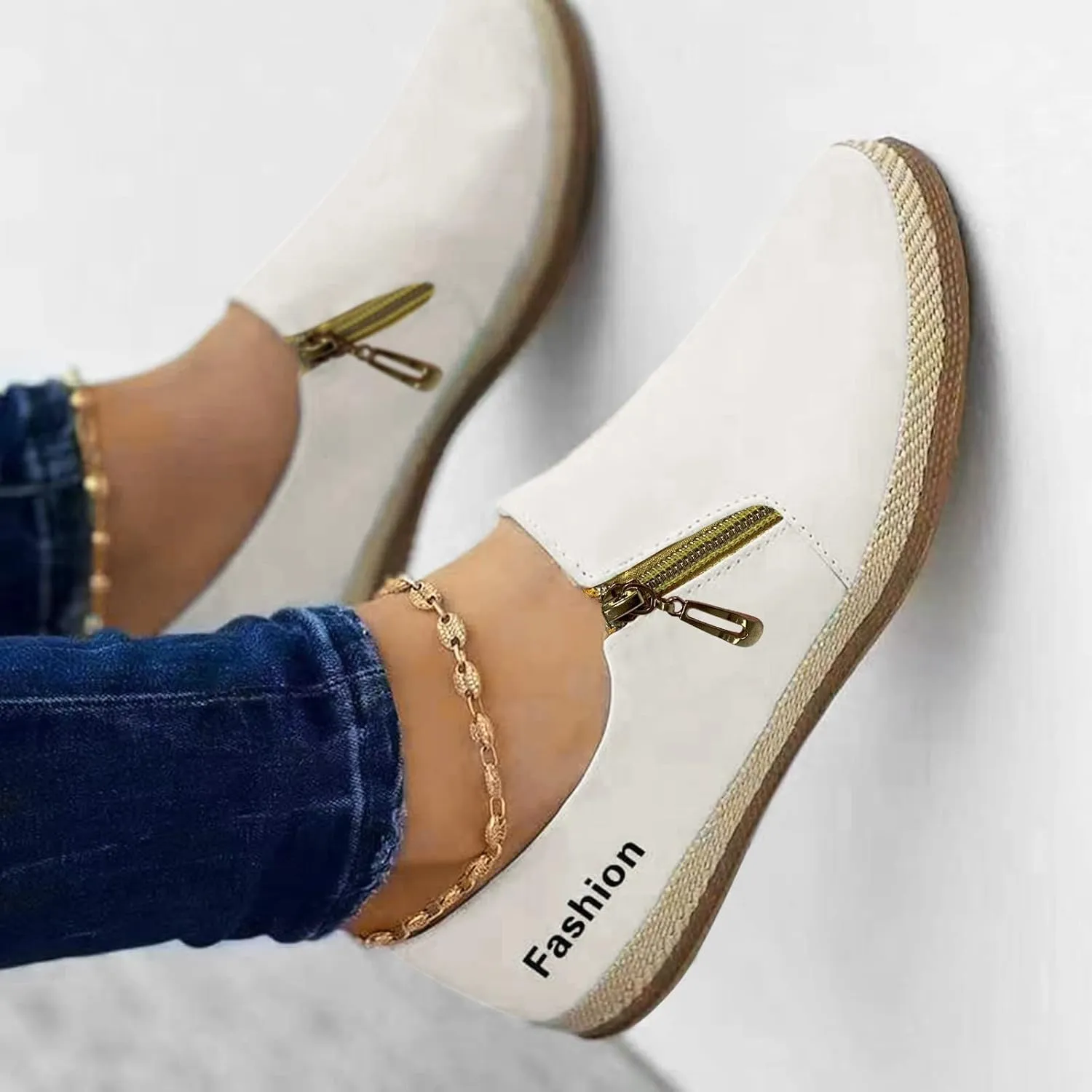 Women's Loafers Casual Shoes Ladies Fashion Solid Color Round Toe Shallow Mouth Side Zipper Flat Casual Shoes Espadrilles Workout Gym Outdoor Shoes