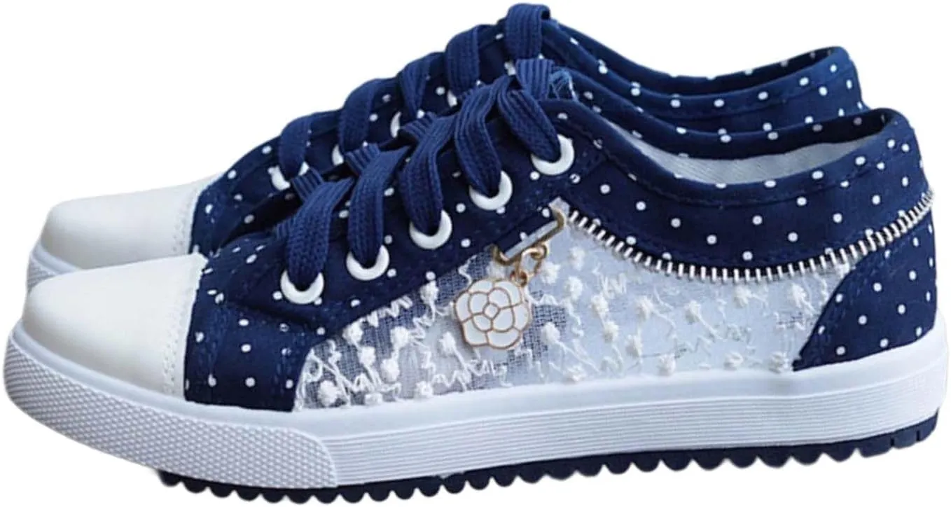 Women's Polka Dot Lace-Up Denim Mesh Sneakers | Casual Flat Canvas Shoes - Breathable Comfort for Everyday Wear