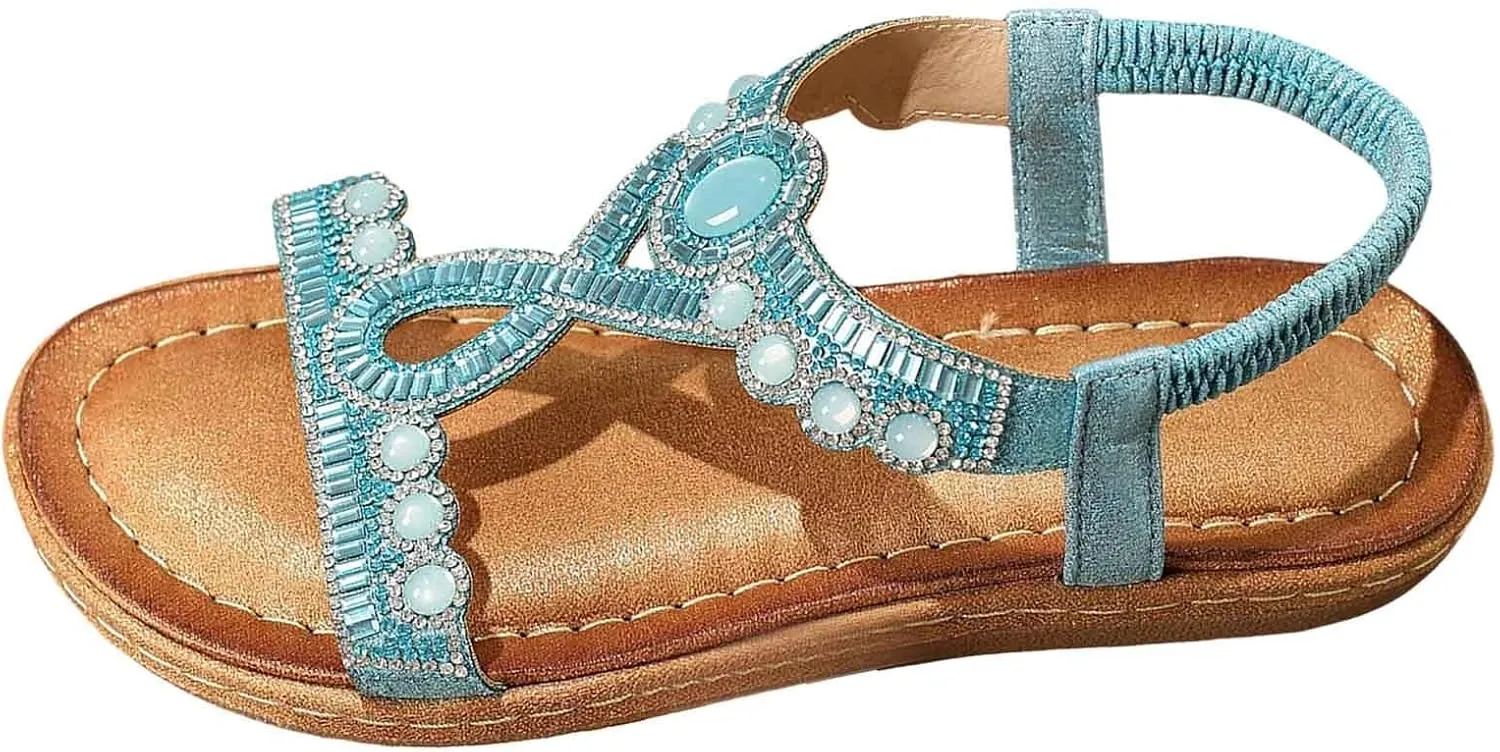 Women's Rhinestone Flat Sandals Bohemian Summer Beach Shoes Comfortable Non Slip Elastic Strap Dressy Casual Walking Sandals for Outdoor Vacation