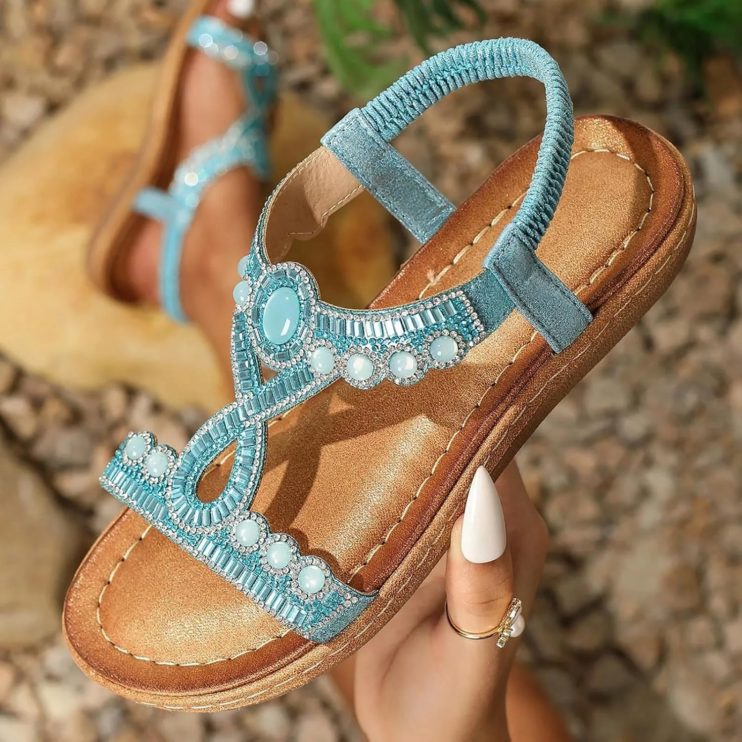 Women's Rhinestone Flat Sandals Bohemian Summer Beach Shoes Comfortable Non Slip Elastic Strap Dressy Casual Walking Sandals for Outdoor Vacation