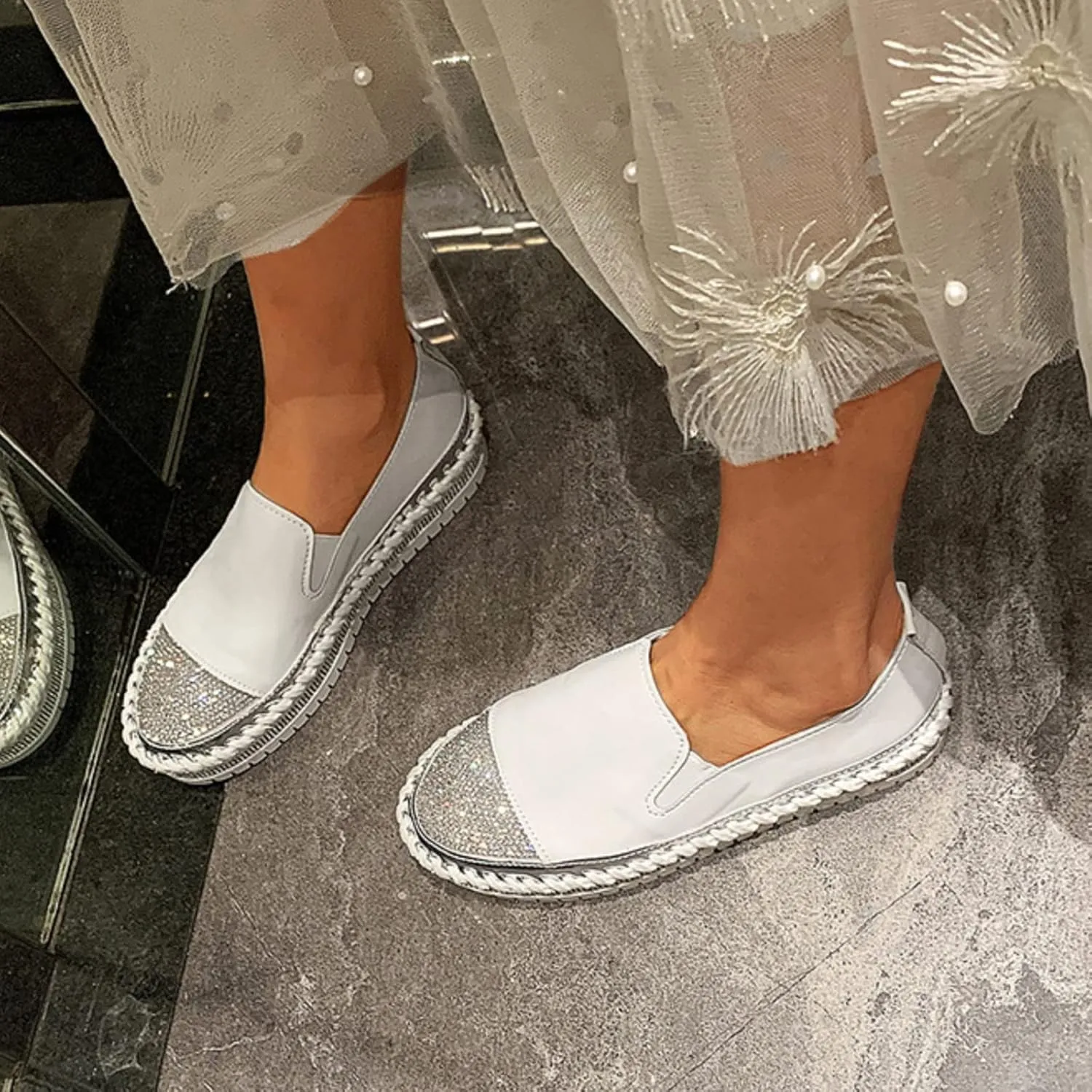 Womens Slip On Loafer Shoes Casual Rhinestone Fashion Shoes Platform Flat Single Orthopedic Shoes Dress Shoes