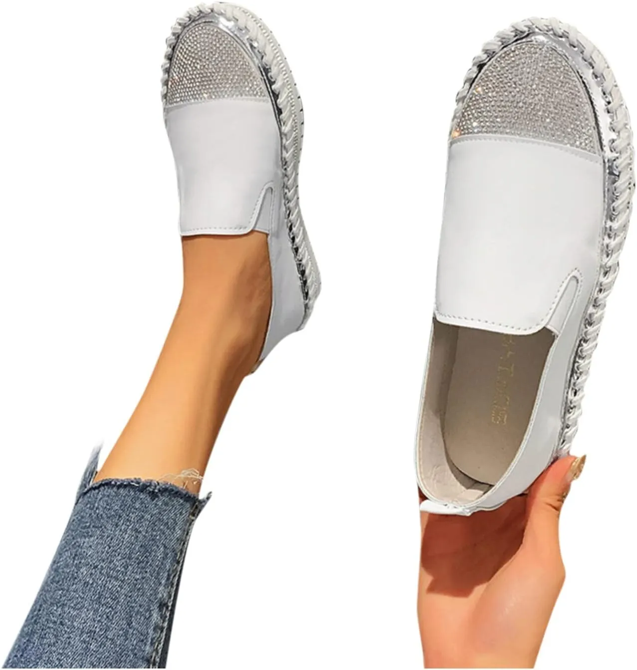 Womens Slip On Loafer Shoes Casual Rhinestone Fashion Shoes Platform Flat Single Orthopedic Shoes Dress Shoes