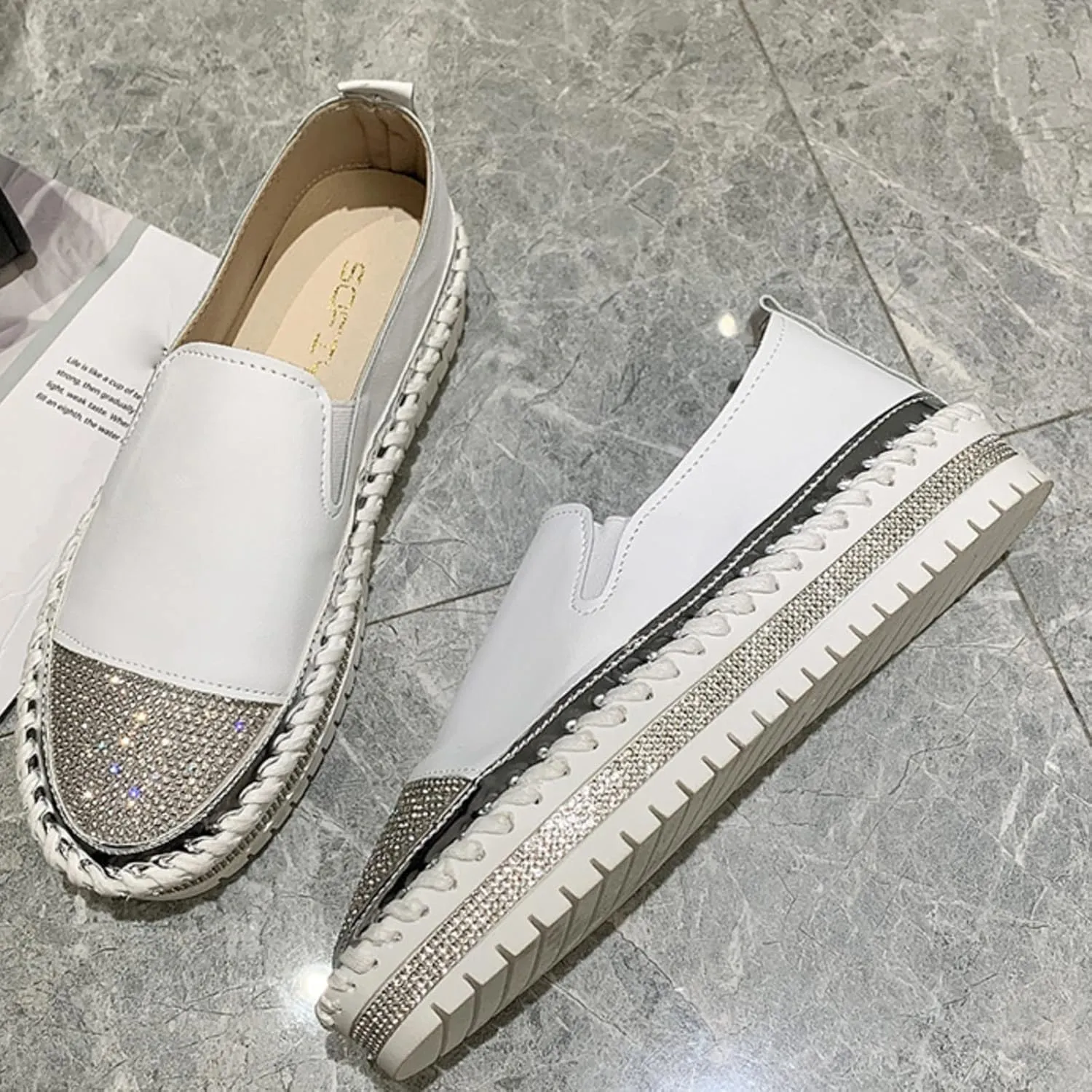 Womens Slip On Loafer Shoes Casual Rhinestone Fashion Shoes Platform Flat Single Orthopedic Shoes Dress Shoes