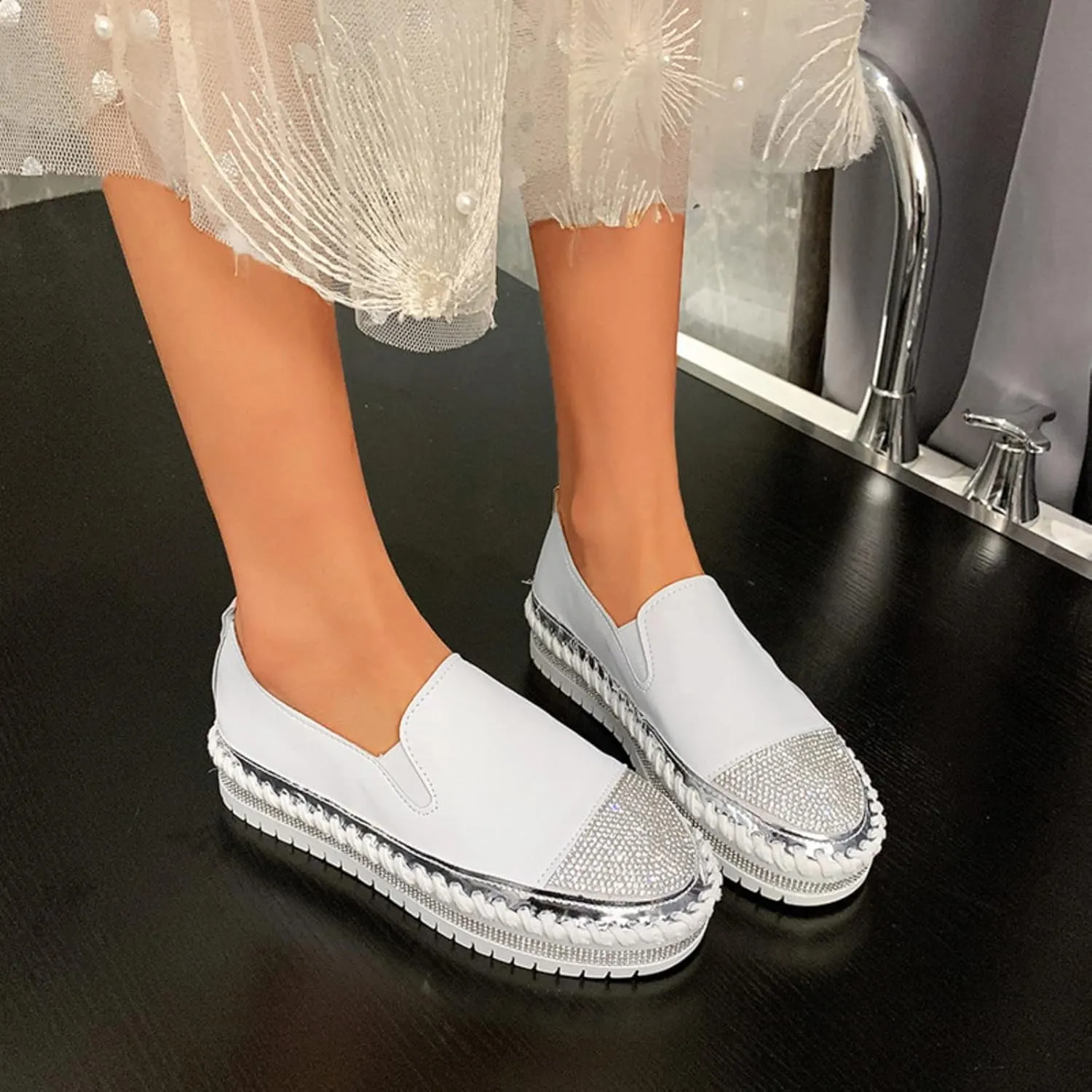 Womens Slip On Loafer Shoes Casual Rhinestone Fashion Shoes Platform Flat Single Orthopedic Shoes Dress Shoes